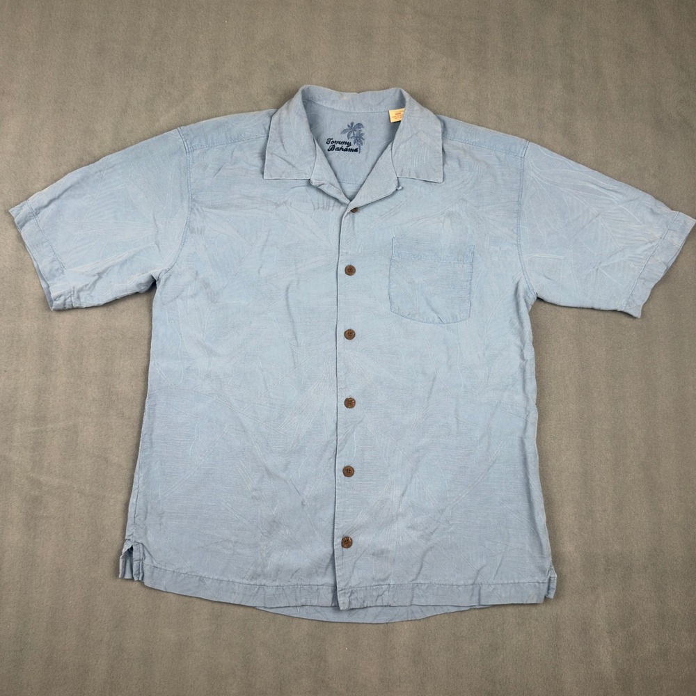 Tommy Bahama Mens Silk Jacquard Palm Leaf Camp Shirt Light Blue Medium